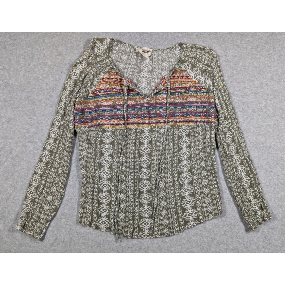 Savanna‎ Jane Top Women Large Southwestern Embroidered Crinkled Boho Tie Front